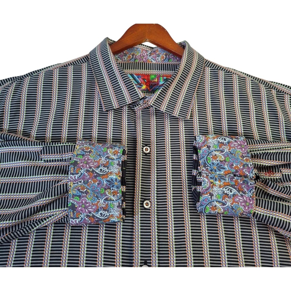 Robert Graham Shirt Mens 3XL Black Stripe Long Sleeve Button Front Paisley
